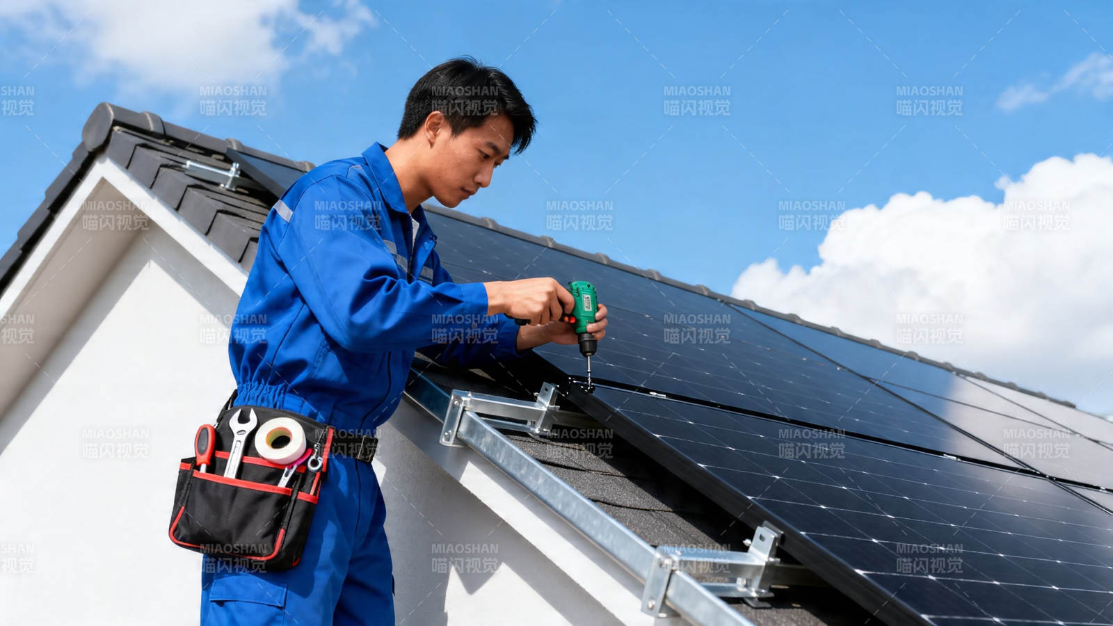 工人安装太阳能板图片