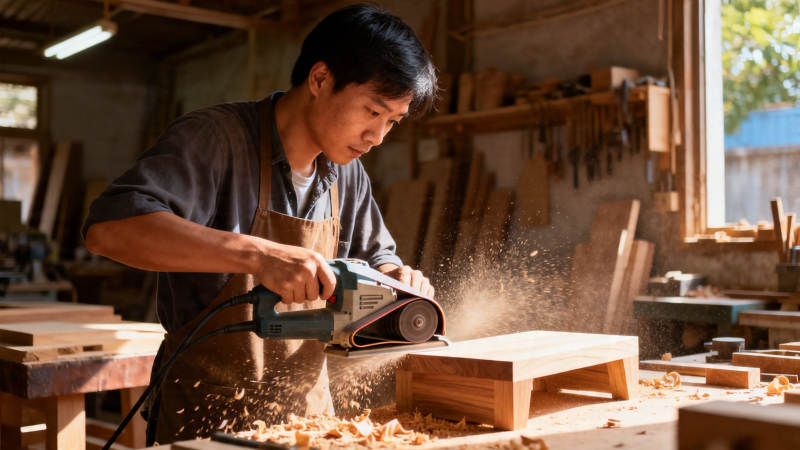 木工打磨木料 粉尘飞扬图片