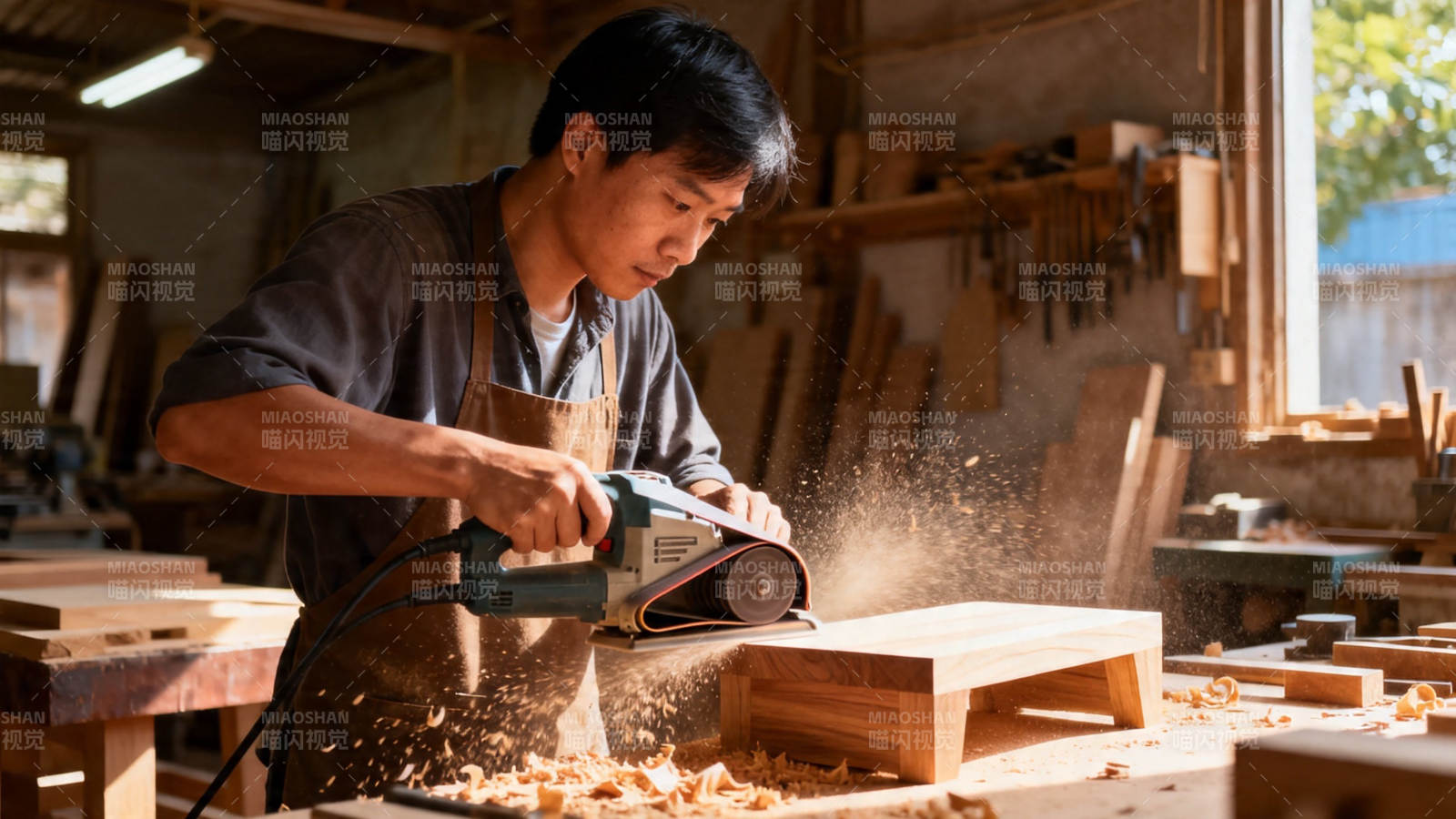 木工打磨木料 粉尘飞扬图片