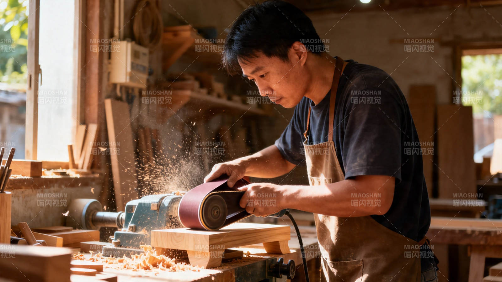 木匠打磨木材 专注匠心图片