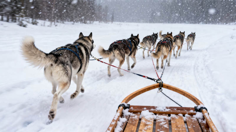 雪橇犬队雪中疾驰图片