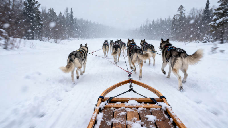 雪橇犬队穿越暴风雪森林图片