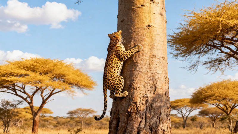 豹子攀爬树干 草原风光图片