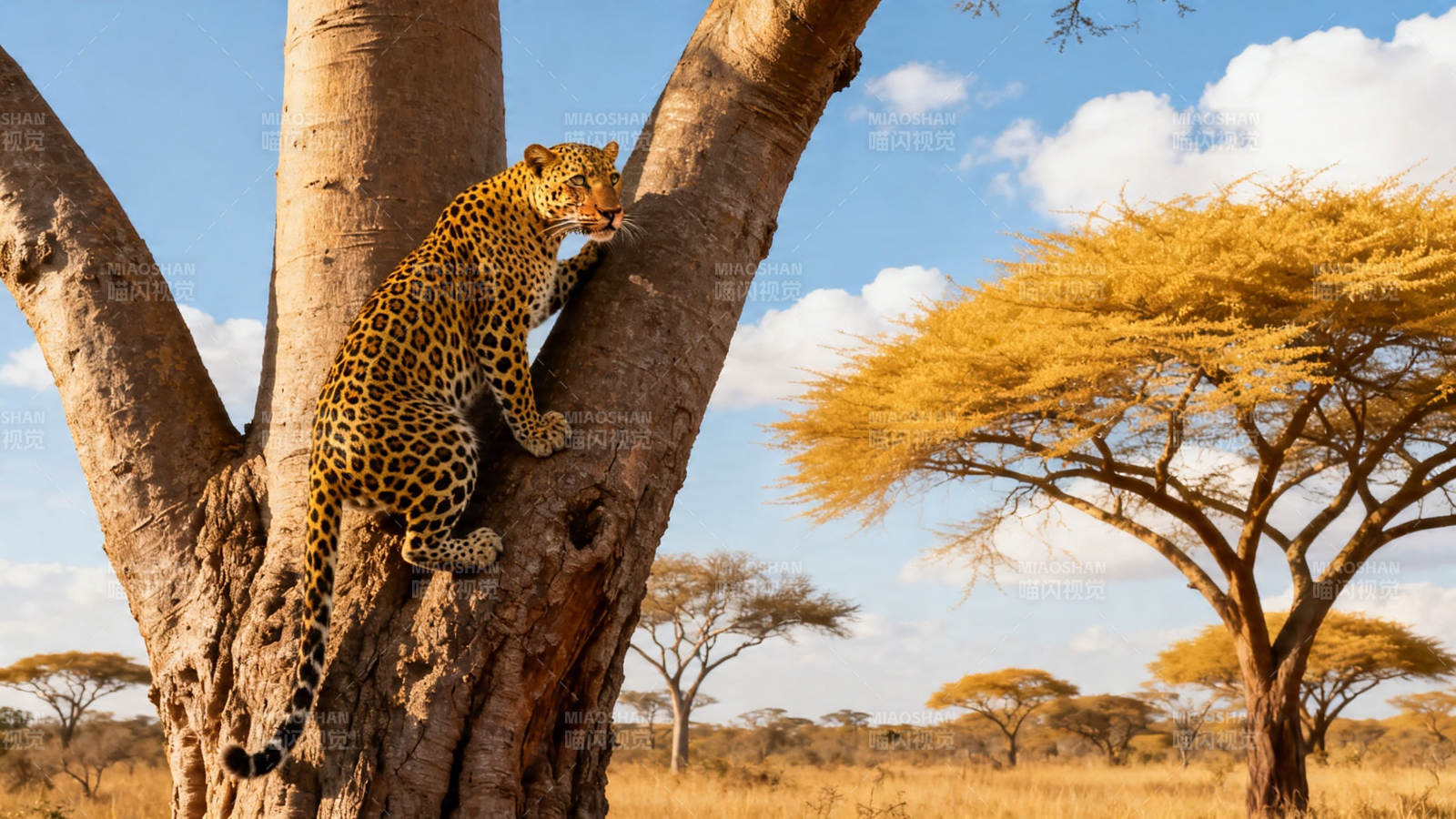 豹栖金树 草原晨光图片