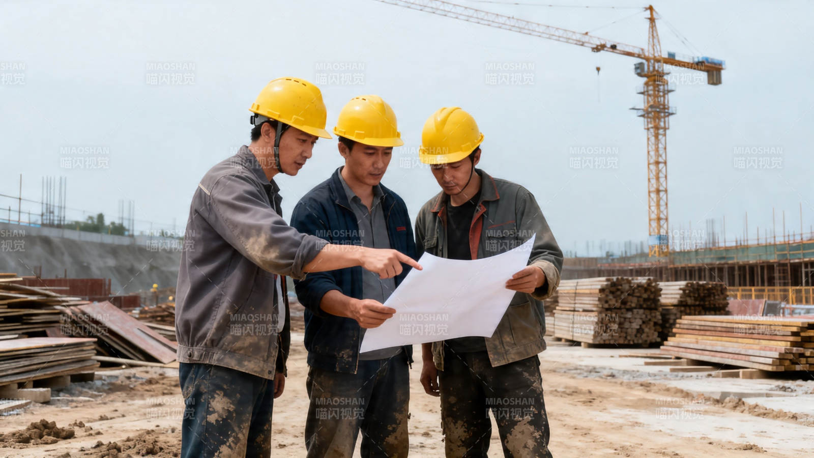工地三人看图讨论施工图片