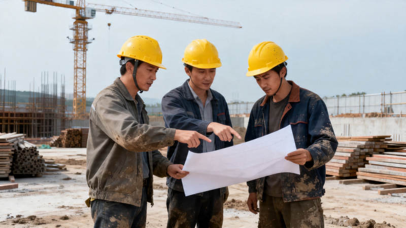 工地三工友共阅图纸图片