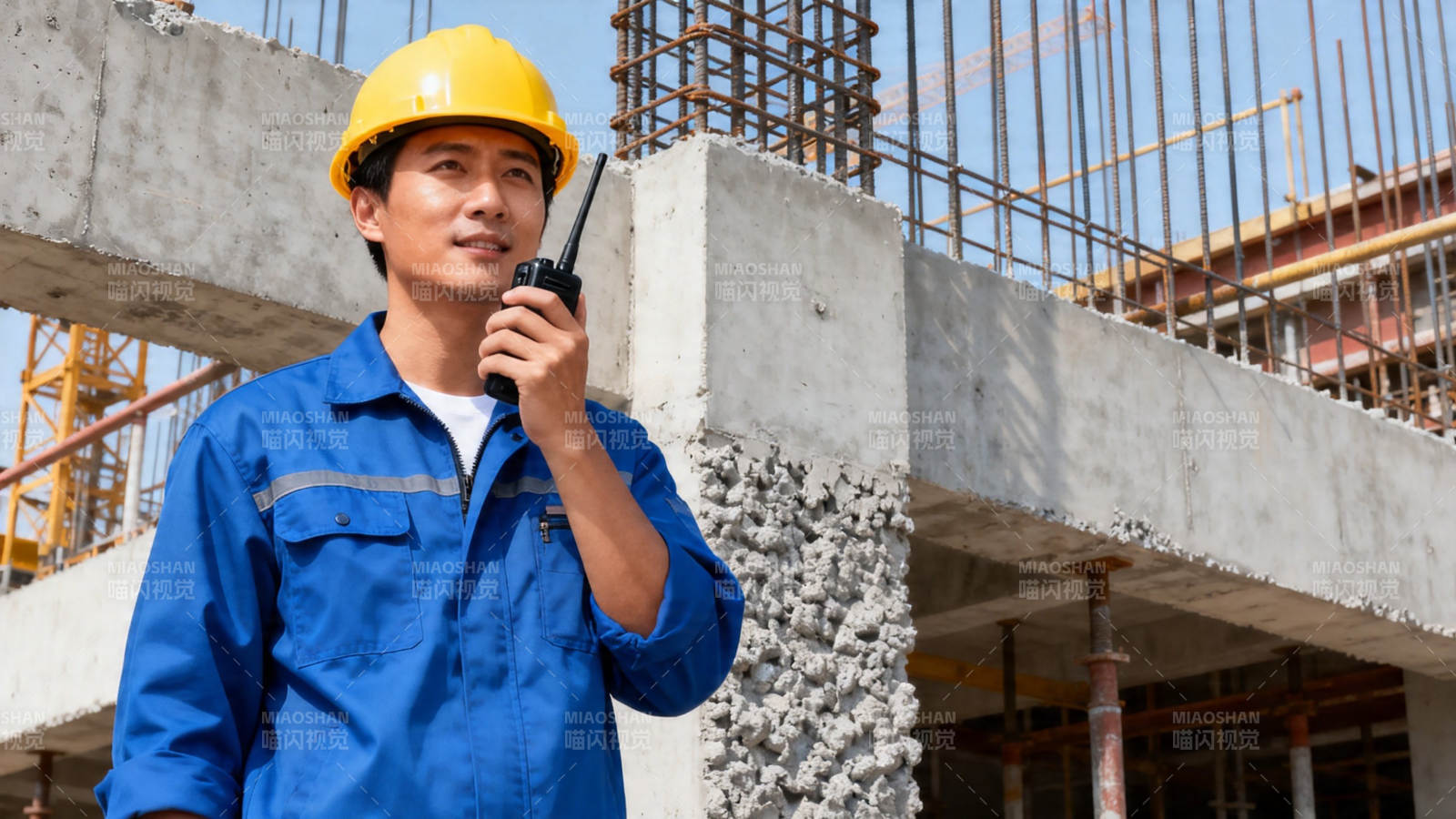 工地工人持对讲机指挥图片