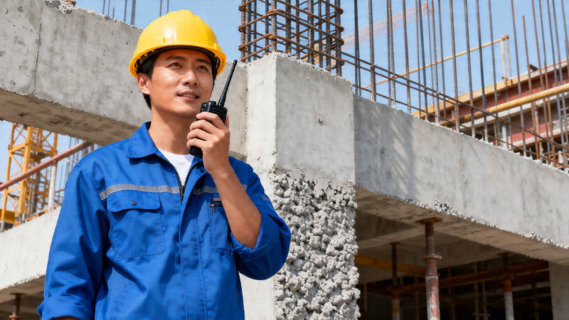 工地工人持对讲机指挥图片