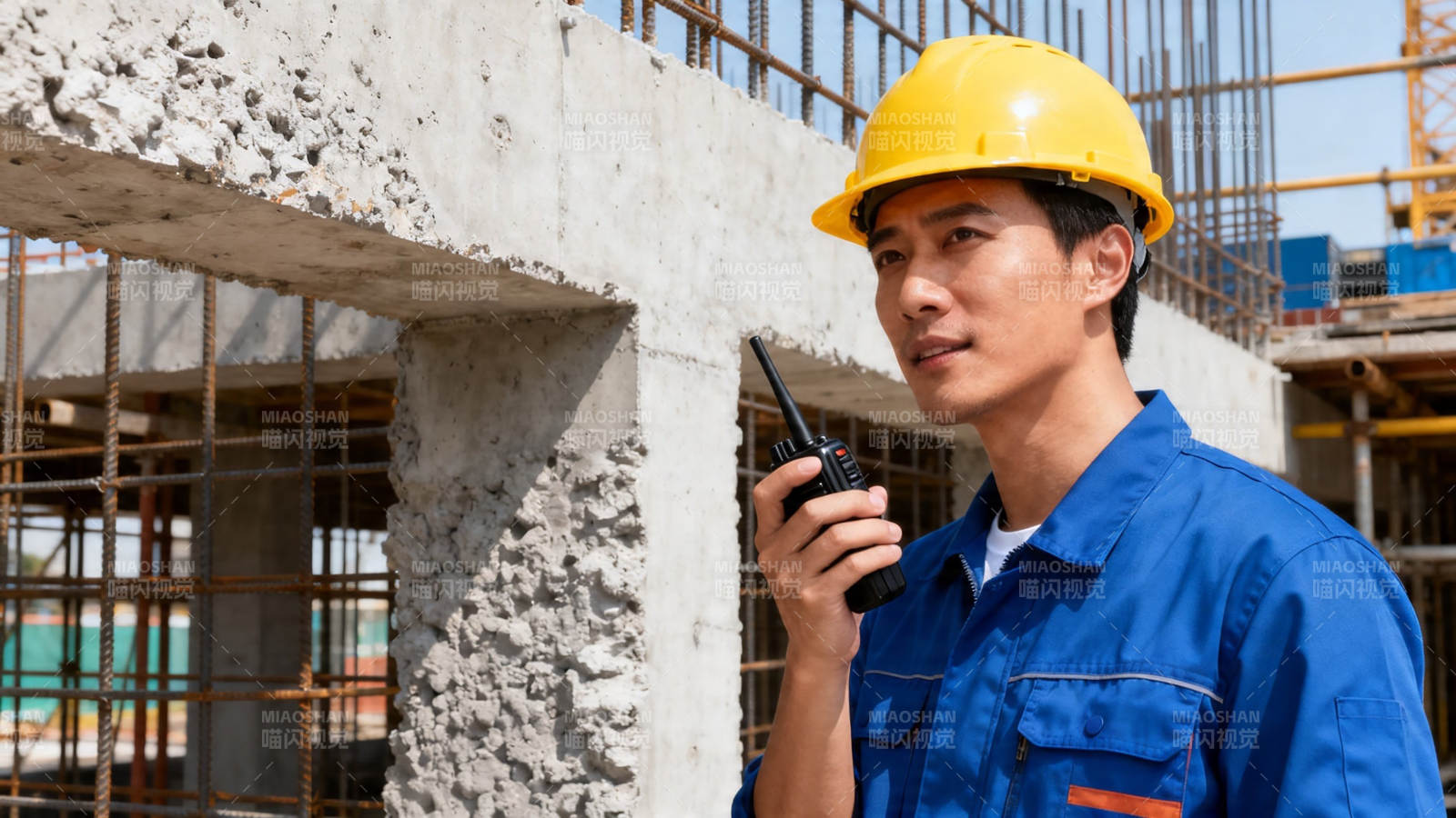 工地指挥员手持对讲机图片