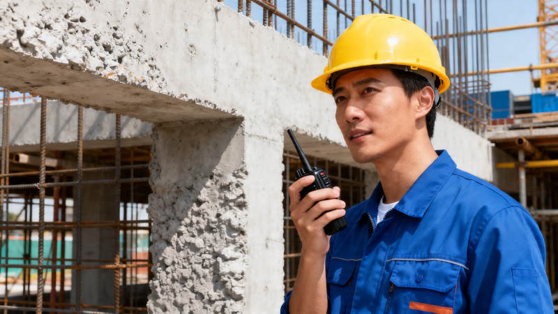 工地指挥员手持对讲机图片