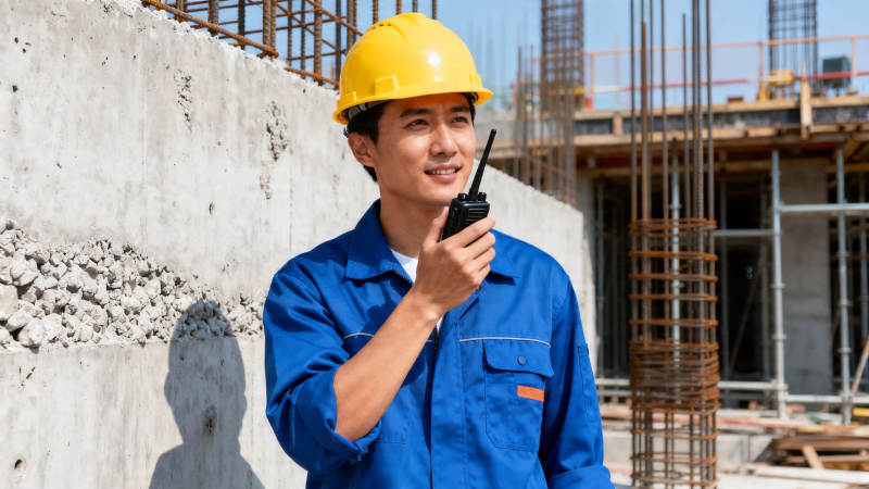 工地工人持对讲机微笑图片