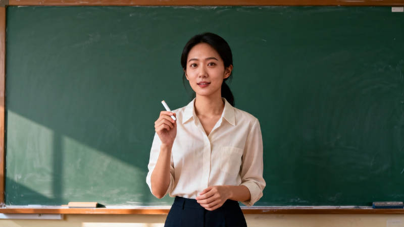 女教师持粉笔站在黑板前图片