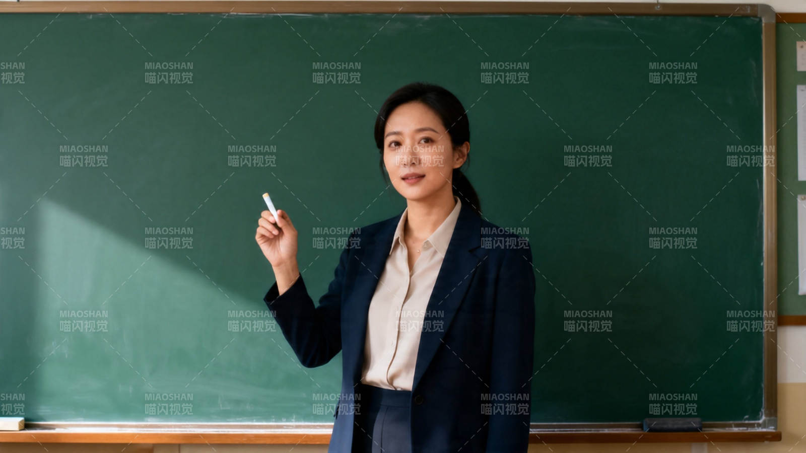 女教师持粉笔站黑板前图片