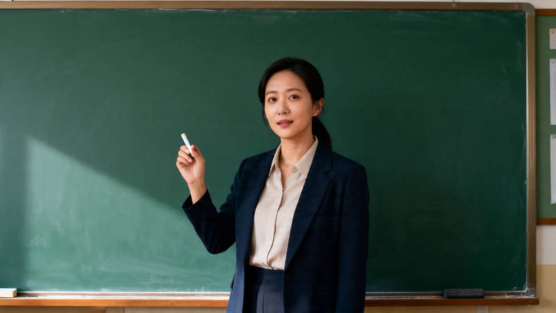 女教师持粉笔站黑板前图片