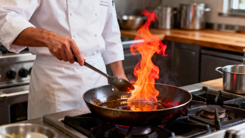 厨师火焰翻炒中图片