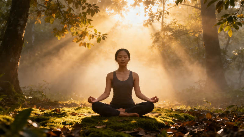 林间晨光 静坐冥想图片