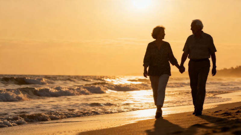 夕阳下牵手漫步海滩图片