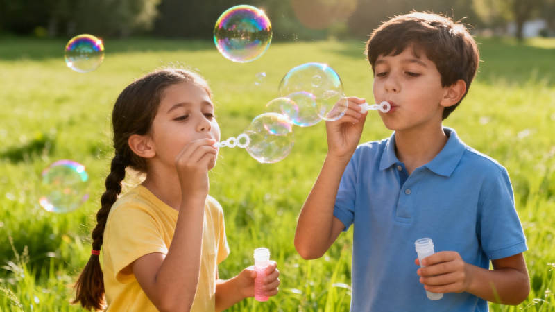 草地吹泡泡 童趣满阳光图片