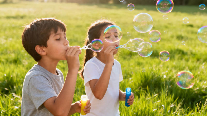 草地吹泡泡的童年时光图片