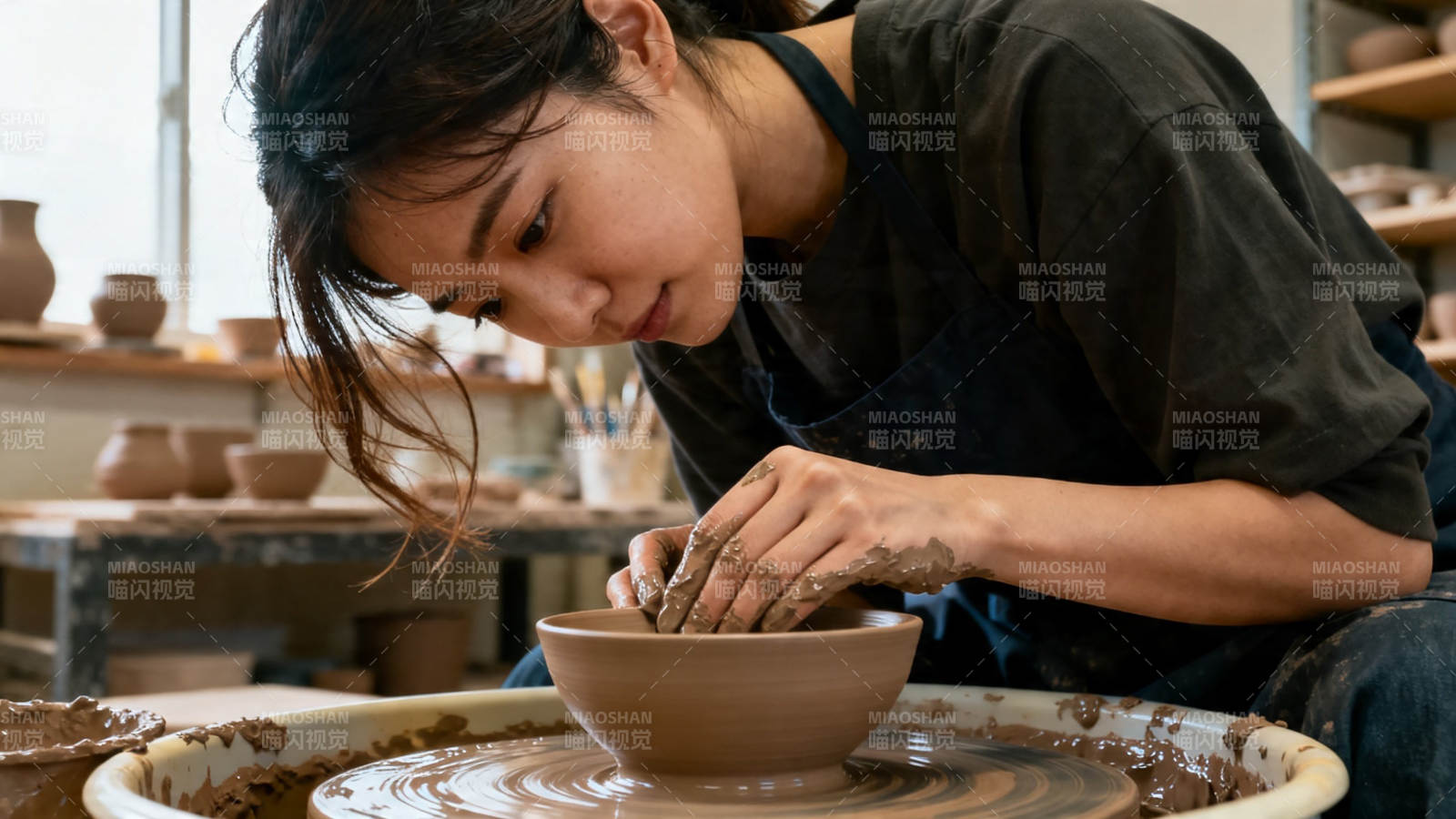 陶艺师专注拉坯成型图片