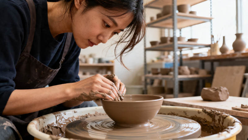 陶艺师专注拉坯塑形图片