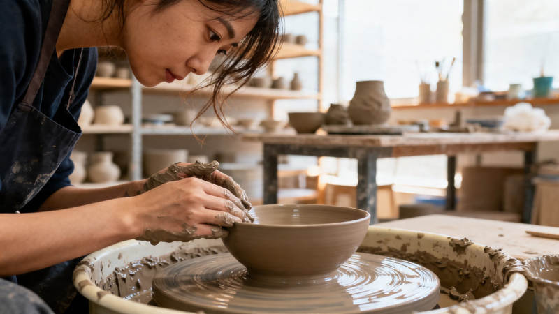 陶艺师专注拉坯成型图片