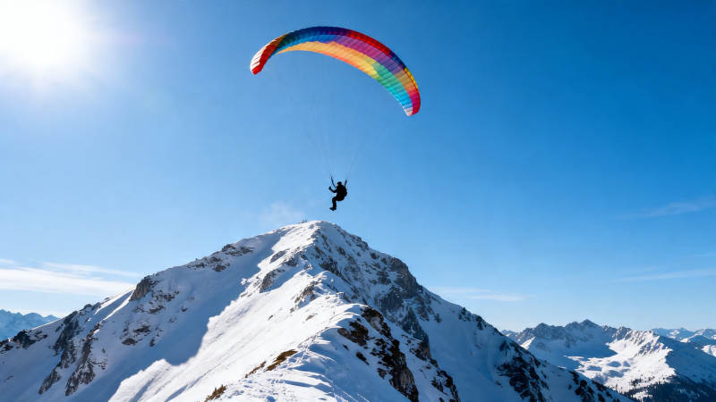 雪山之巅彩虹伞飞翔图片