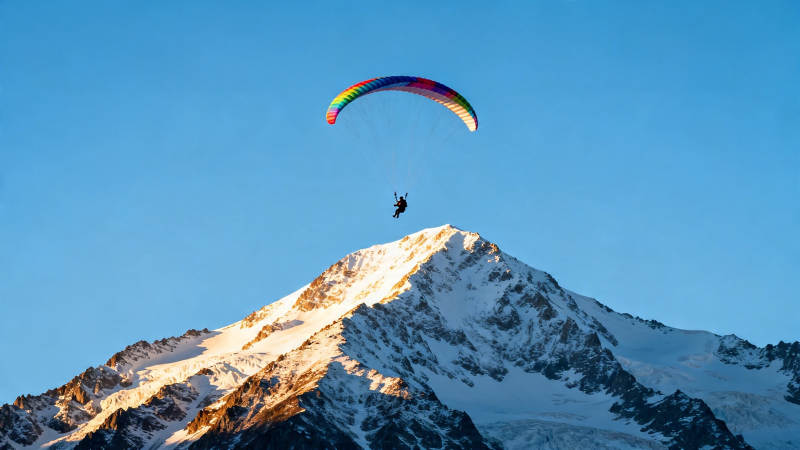 雪山之巅彩虹滑翔伞图片