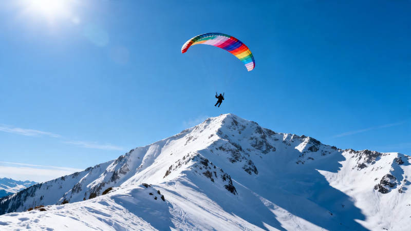 雪山之巅彩虹滑翔伞图片