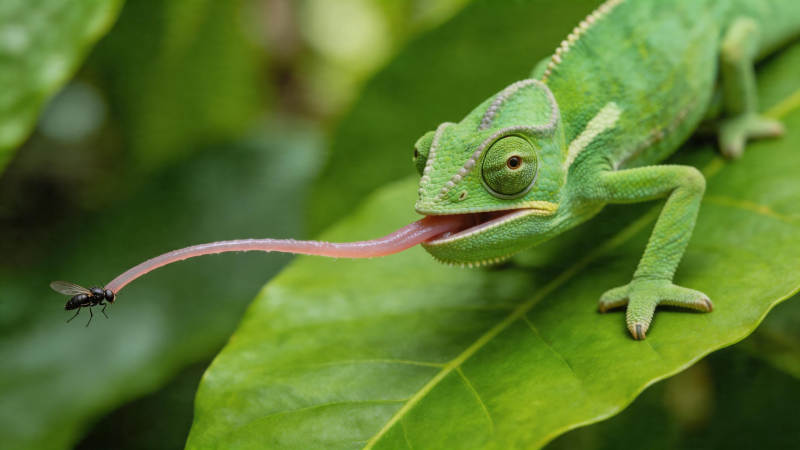 变色龙吐舌捕蝇瞬间图片
