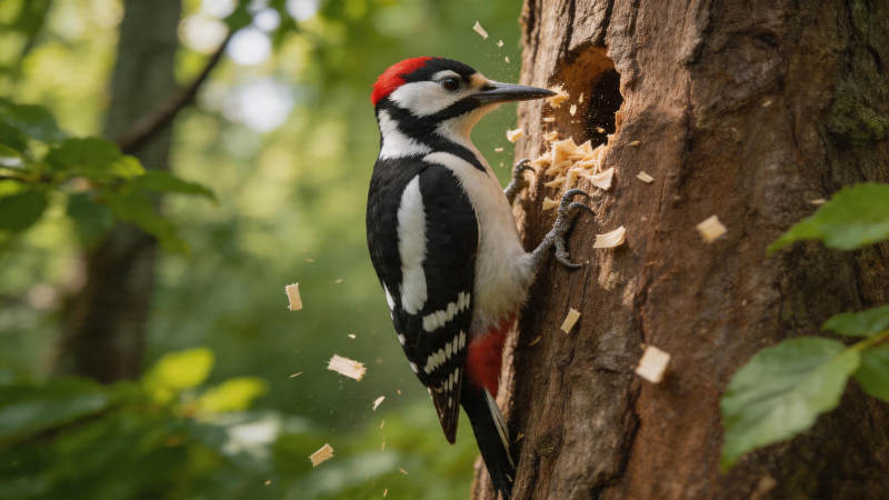 啄木鸟凿树洞觅食图片