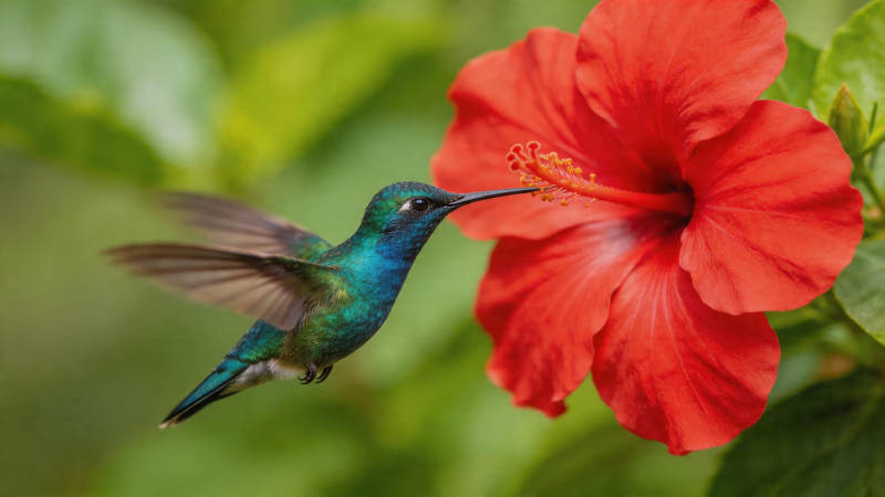 蜂鸟采红蕊 绿意伴花飞图片