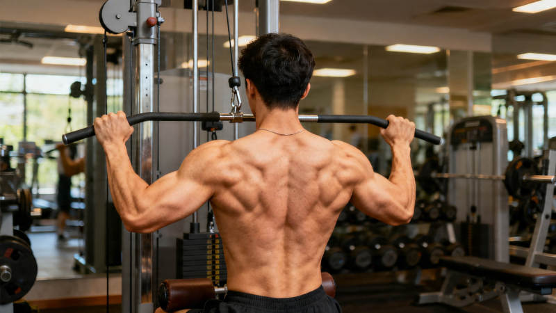 健身房练背肌男背影图片