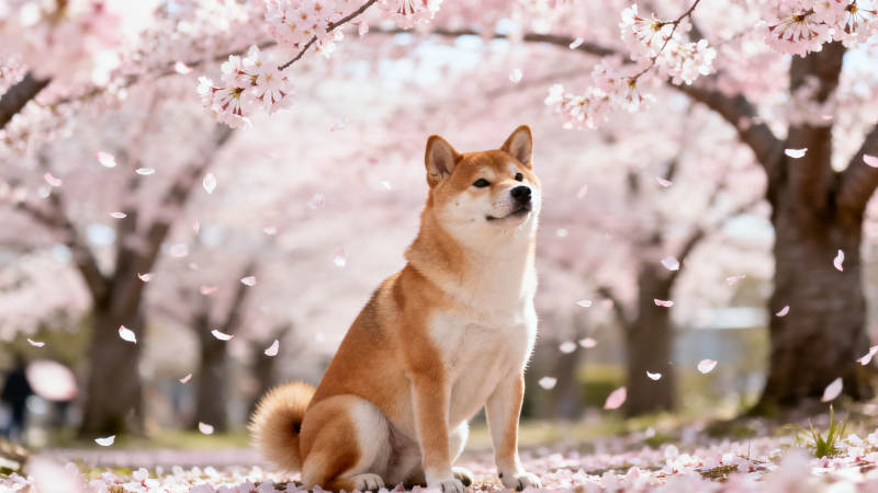 樱花树下柴犬静坐图片