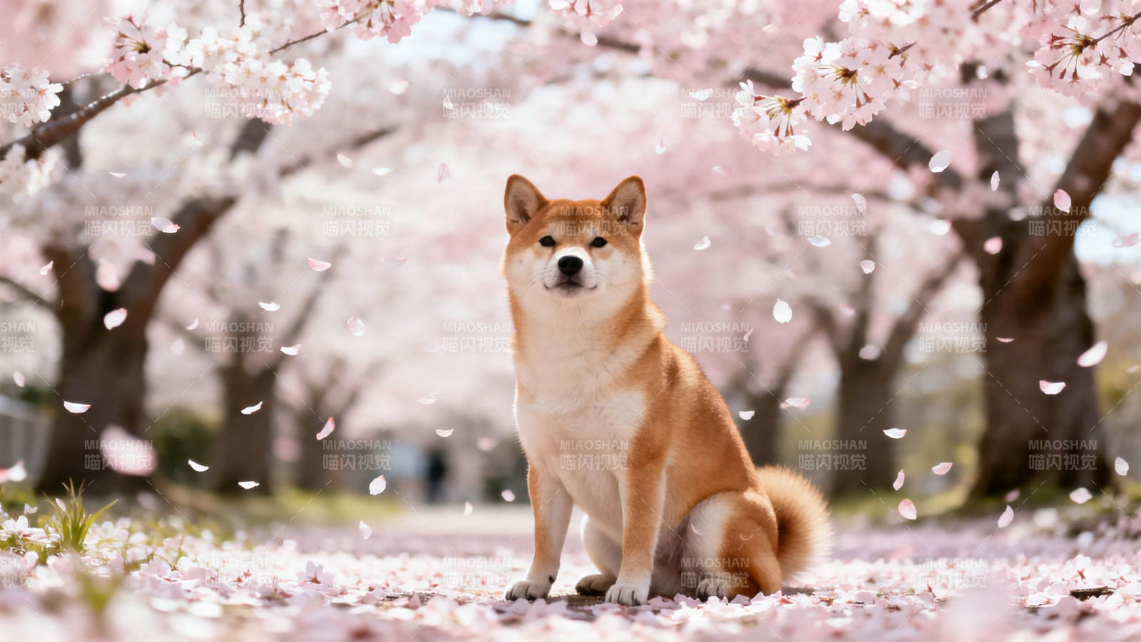 樱花树下柴犬静坐图片