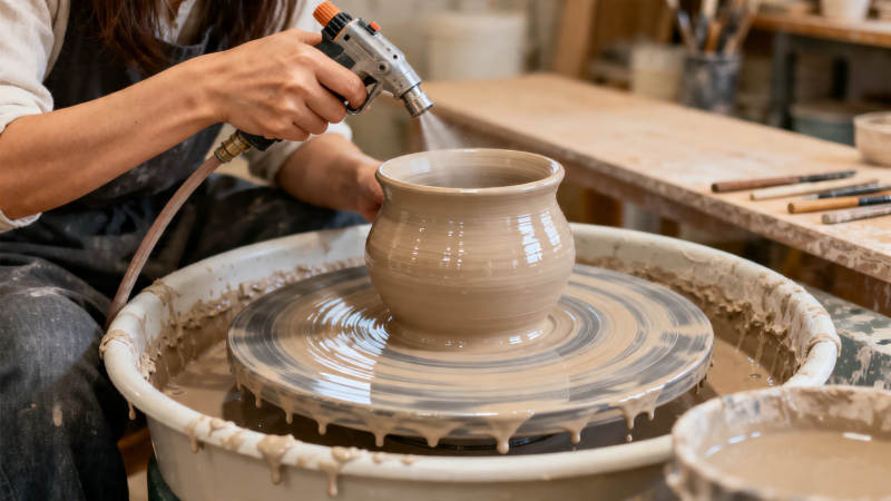 陶艺师喷水修整陶坯图片