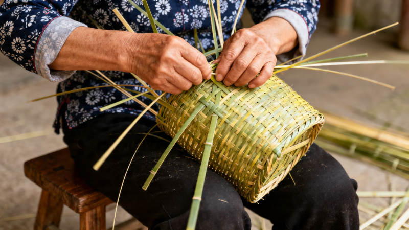 竹编匠人巧手织篮图片