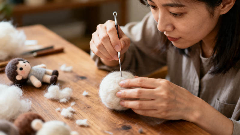 女子专注羊毛毡手工创作图片