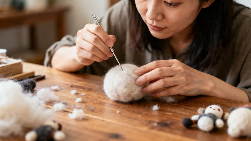 女子专注羊毛毡手工创作图片