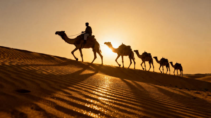 沙漠驼队剪影夕阳行图片