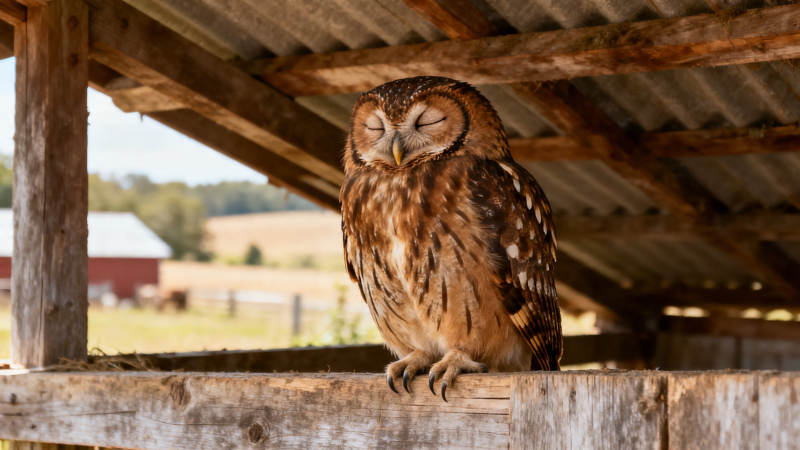 棚下闭目养神的猫头鹰图片
