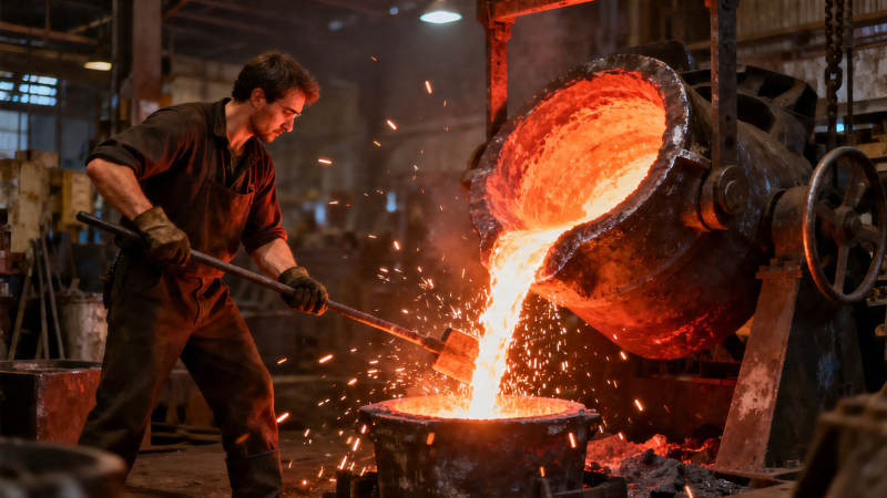 工人浇铸熔融金属火花四溅图片