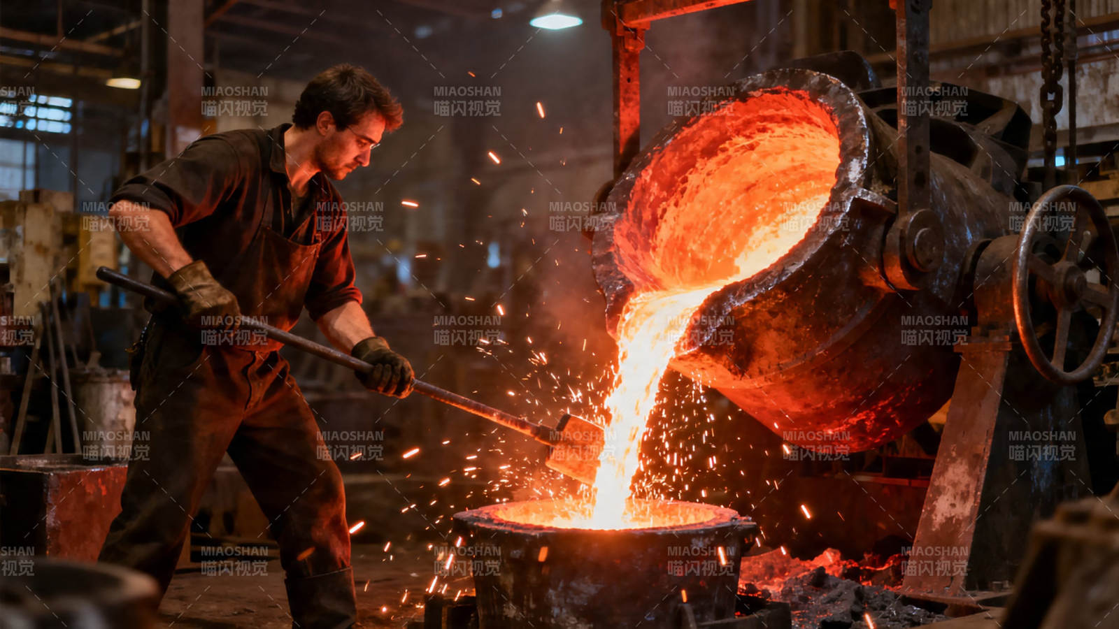 工人浇铸熔融金属火花四溅图片