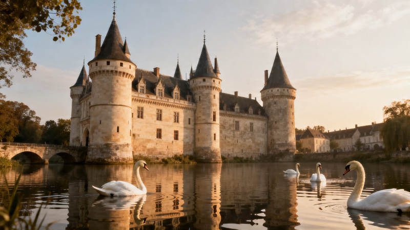 古堡映水 天鹅悠游图片