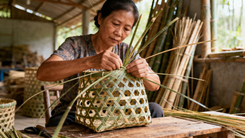 竹编匠人巧手织篮图片