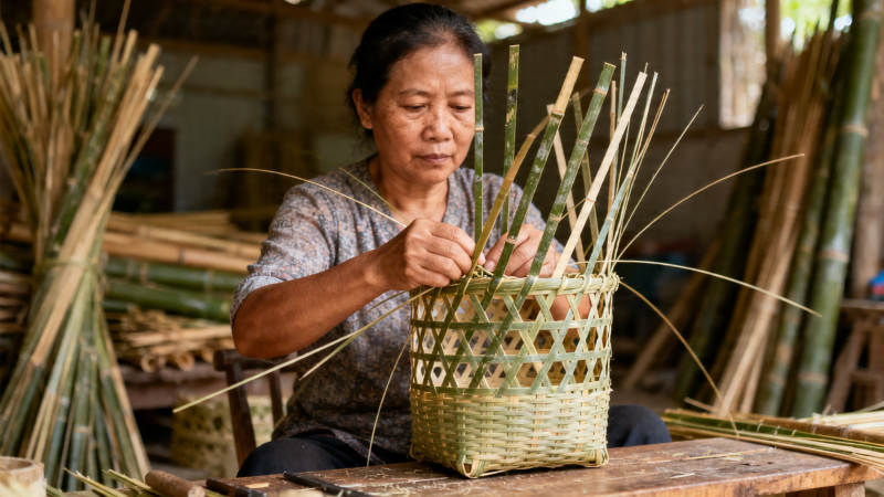 竹编匠人巧手织篮图片