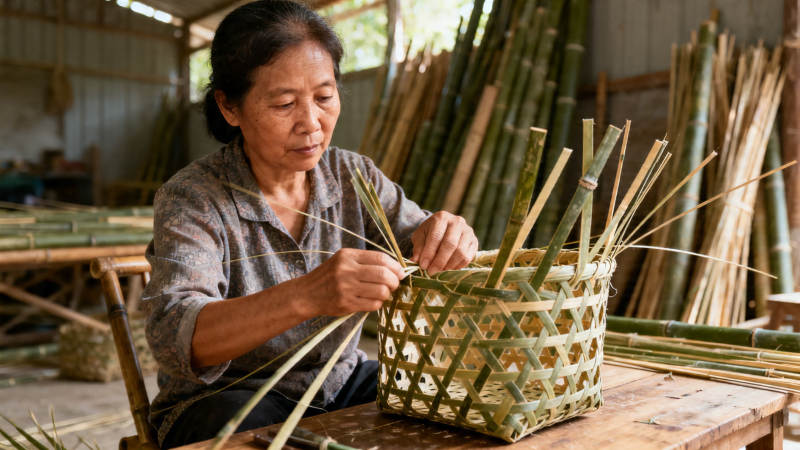 竹编匠人巧手织篮图片