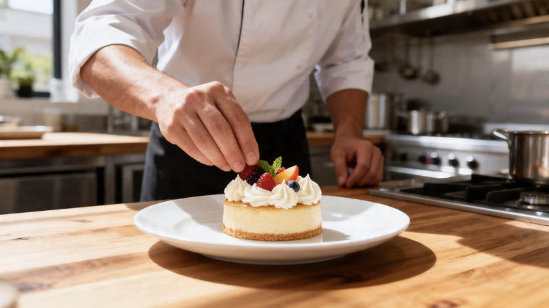厨师点缀草莓奶油蛋糕图片