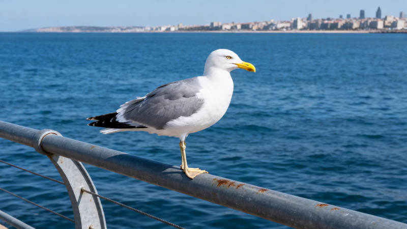 海鸥立栏 远望城市海天一色图片