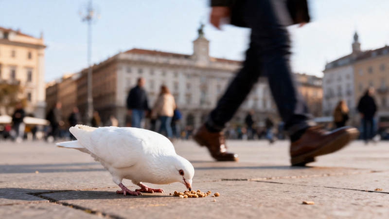 广场白鸽啄食 行人匆匆过图片